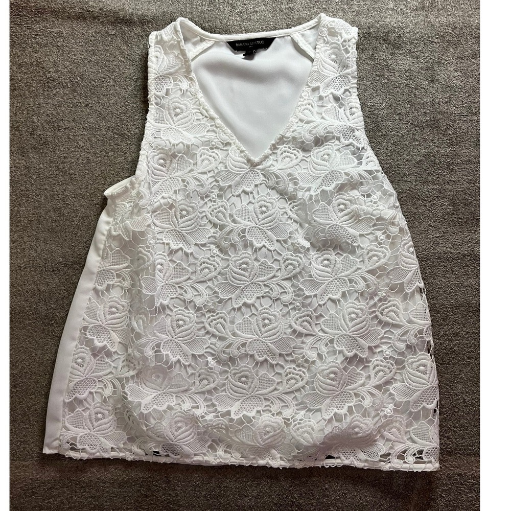 Banana Republic White Floral Lace V-Neck Sleeveless Top Petite XS S/575373-01
